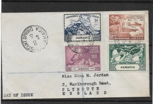 JAMAICA 1949 UPU SET ON REGISTERED COVER TO PLYMOUTH, ENGLAND FIRST DAY PMKS