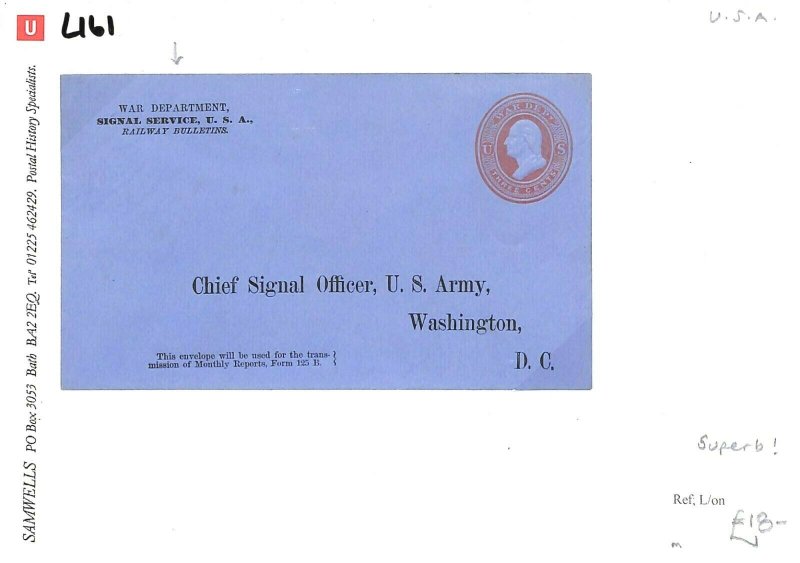 USA MILITARY OFFICIAL *War Department* Postal Stationery Env SIGNALS  1890s L161