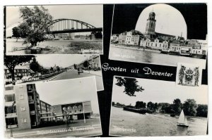 Postcard Netherlands 1958 Deventer Street View Bridge Church Sailing Sport