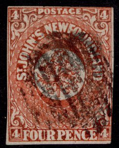 CANADA - Newfoundland QV SG4, 4d scarlet-vermilion, FINE USED. Cat £4000. CERT