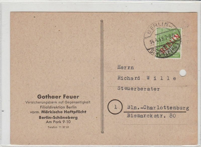 Germany 1949 Berlin Overprint from Insurance Bank Stamps Card Ref 24026