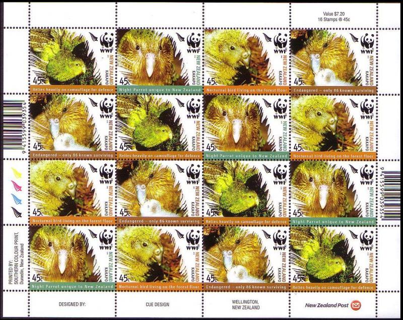 New Zealand Birds WWF Kakapo Sheetlet of 4 sets SG#2811-2814 MI#2276-2279