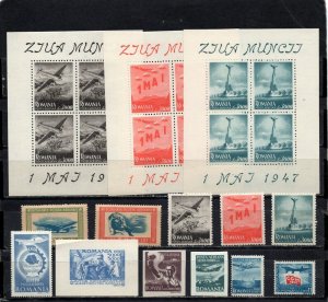 ROMANIA 1946-1947 AVIATION SET OF 10 STAMPS, 3 SHEETS OF 4 STAMPS & S/S MNH