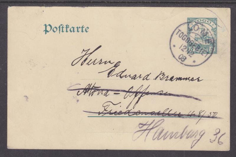 Togo Mi P16 used 1908 5pf Forwarded Postal Card, LOME-HAMBURG