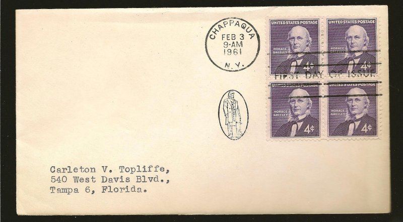 USA 1177 Horace Greeley 1961 Block of 4 First Day Cover