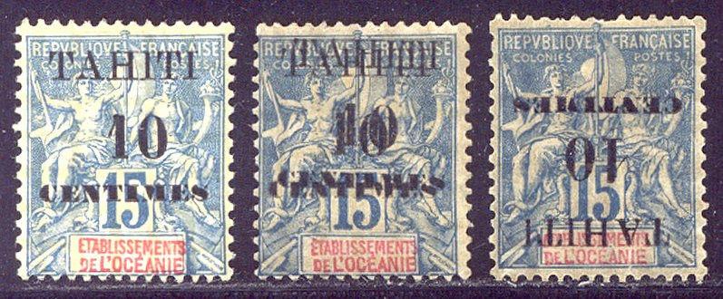 TAHITI #29, 29a, 29b Mint - 1903 10c on 15 Blue