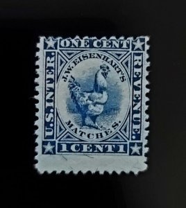 1876 1c U.S. Revenue RO80b J. W. Eisenhart’s Matches stamp, Silk Paper, Blue