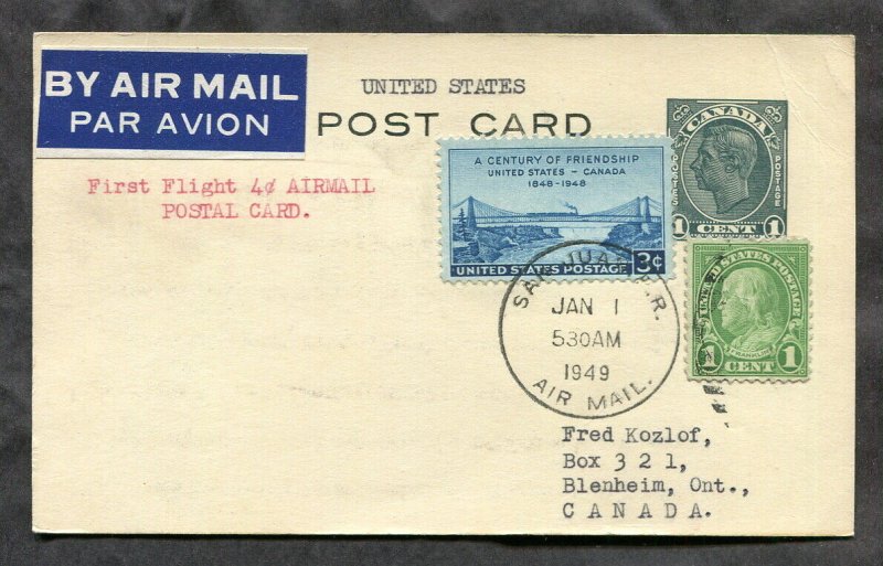 3939 - First Flight 4c PUERTO RICO to CANADA 1949 Dual Franking Postal Card