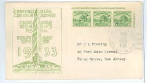 US 730a 1933 1c Fort Dearborn (imperf strip of three from the Farley mini-sheet) on an addressed FDC with an unknown cachet.