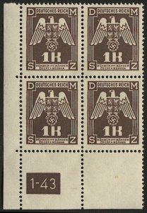 CZECHOSLOVAKIA Bohemia & Moravia 1941 Sc O18  1k VF Mint MNH Plate Block, Birds