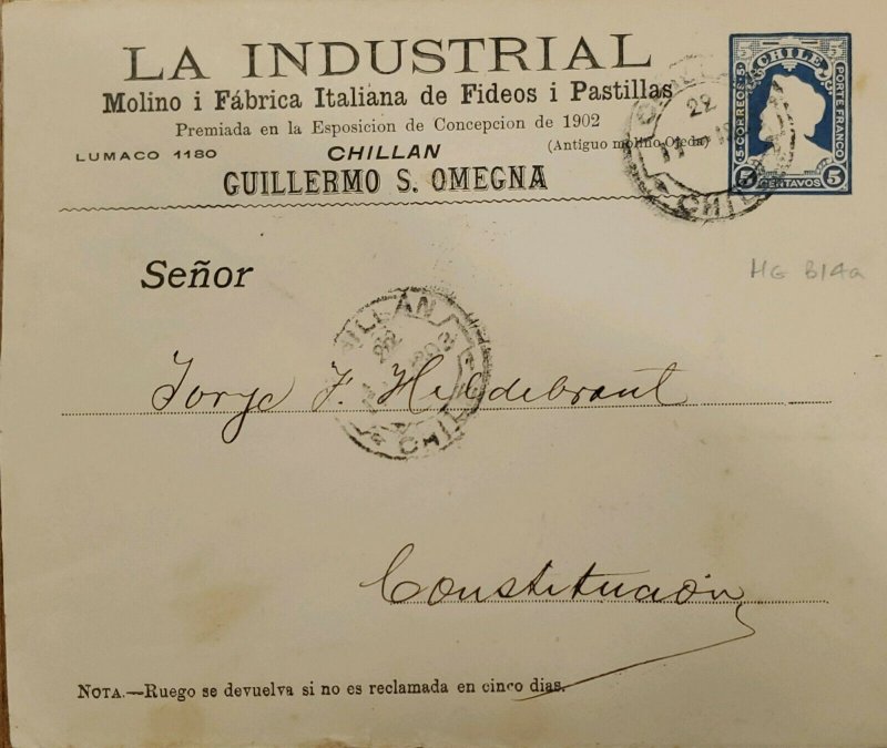 J) 1902 CHILE, PORTE FRANCO THE INDUSTRIAL, POSTAL STATIONARY, CIRCULATED COVER,