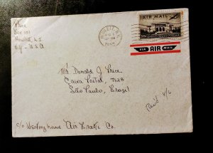 US Airmail Scott #C34 Hewlett,N Y. To Sao Paulo Brazil Aug 1952