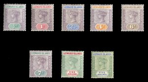 Leeward Islands #1-8 Cat$228.50, 1890 1/2p-5sh, hinged (few low values never ...