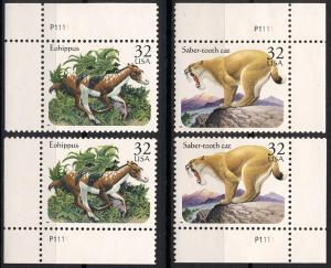 SC#3077 & 3080 32¢ Prehistoric Animals Plate Singles (1996) MNH