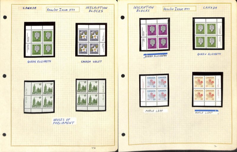 Canada Stamp Collection on 18 Pages, Mint NH Inscription Blocks Definatives (BA)