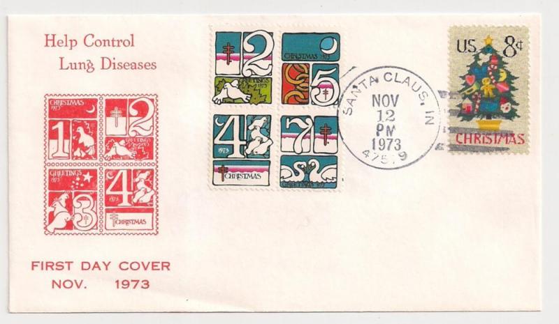 Christmas Seal FDC 8c Xmas #1508 w blk WX250 (partial) 1973