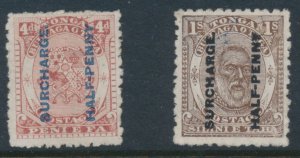 Tonga 1894 SG 21 & 22 ½d SURCHARGE on 4d and 1/- Chestnut & Brown