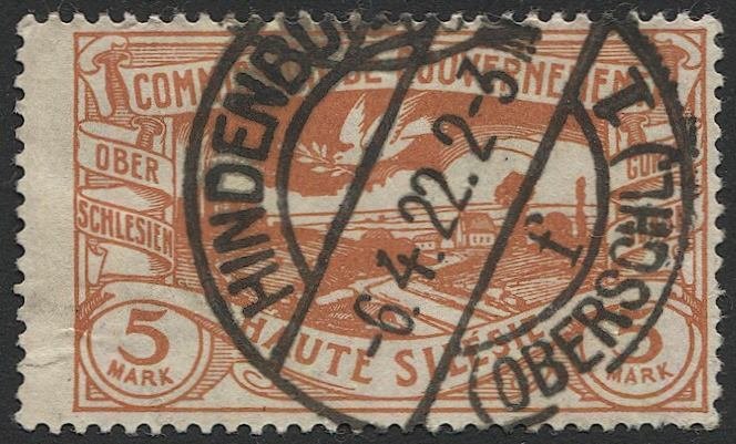 UPPER SILESIA Germany 1920 Sc 31  5mk, Used, F-VF, HINDENBURG postmark