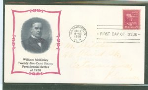 US 829 1938 25c William McKinley (part of the Presidential- prexy definitive series) single on an addressed first day cover with