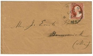 1851 Bangor, ME cancel on cover, 3c orange brown, type II