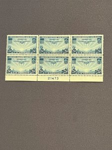 C20, China Clipper, Plate Block of 6, Mint OGNH, CV $25.00