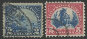 US Sc#572 & 573 1922-25 $2 & $5 Flat Plate Printing Perf 11 F-VF Used