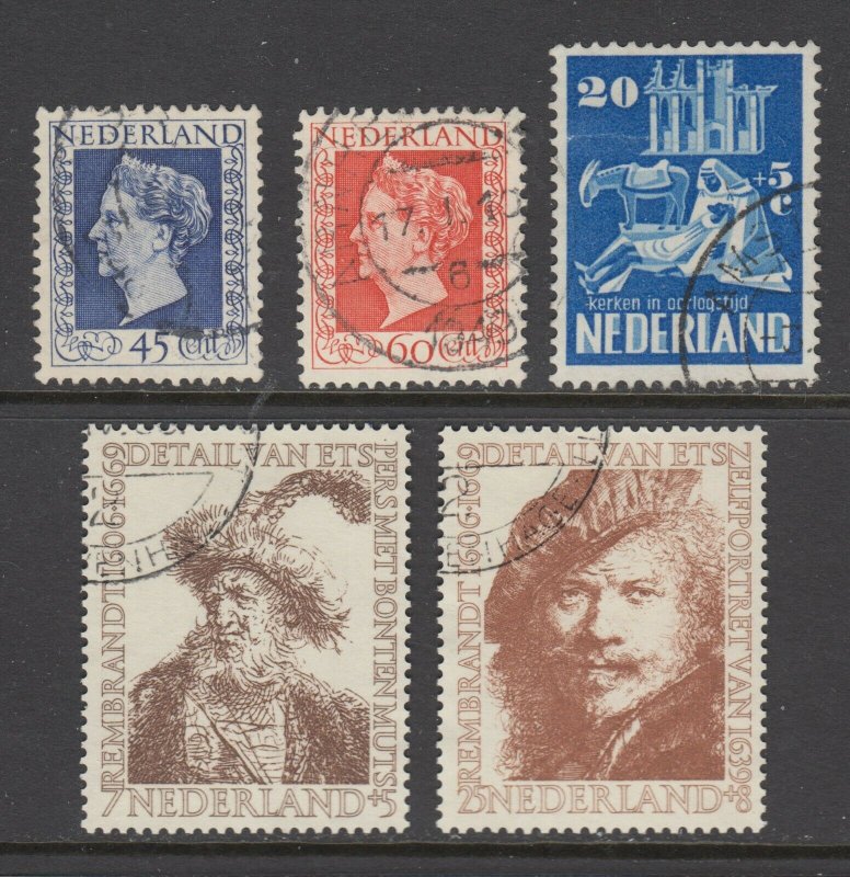 Netherlands Sc 298,300,B218,B293,B295 used. 1948-56 issues, 5 better singles