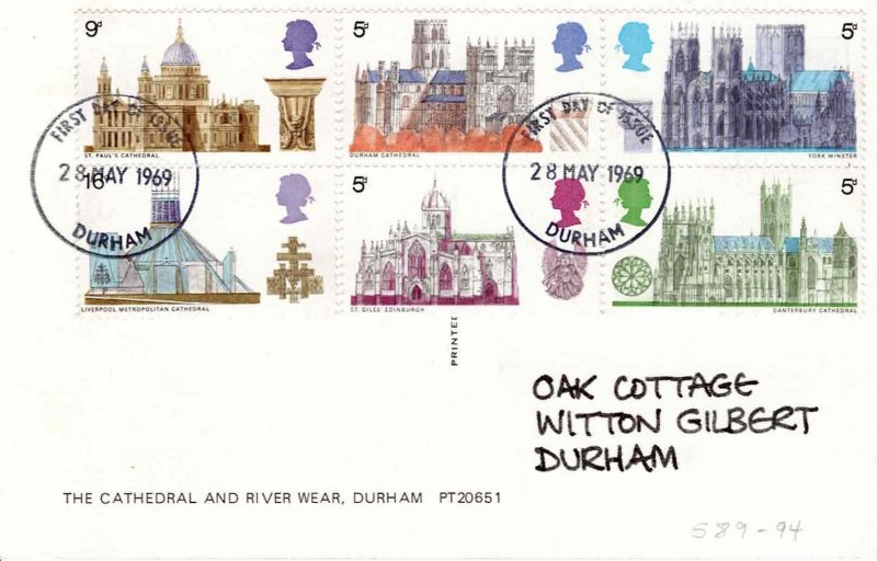 Great Britain 1969 FDC Sc 589-93 Postcard Durham Cathedral First Day Cover