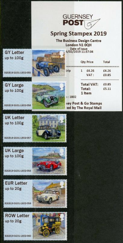 Guernsey 2019 MNH Old Car Club Post & Go Spring Stampex GG01 6v Col Strip Stamps 