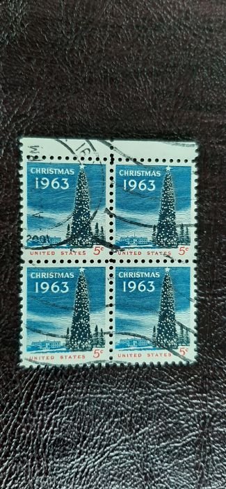 US Scott # 1240; used 5c Christmas from 1963; block of 4; VF centering