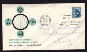 Canada #376 (1958 Geophysical Year issue) addressed  Caneco FDC