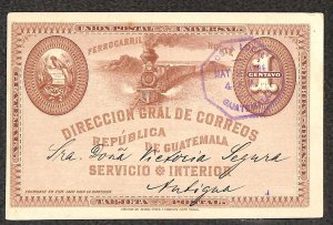 GUATEMALA H&G #6 POSTAL CARD TRAIN LOCAL USAGE 1896