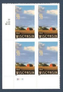 1998 Wisconsin Statehood Plate Block of 4 32c Postage Stamps, Sc# 3206, MNH, OG