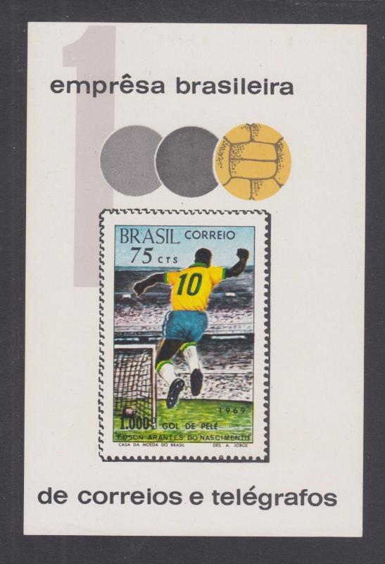 Brazil Sc 1145 MNH. 1970 75c Soccer great Pele Scoring a Goal, imperf S/S, VF. 