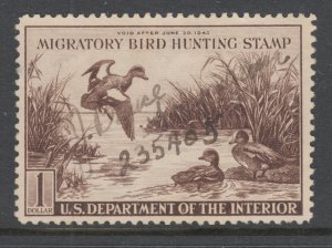 US Sc RW9 used. 1942 $1 Baldpates, Hunting Permit Stamp, fresh, sound