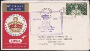 GB 1953 Qantas Coronation flight cover to Pakistan.........................B3835