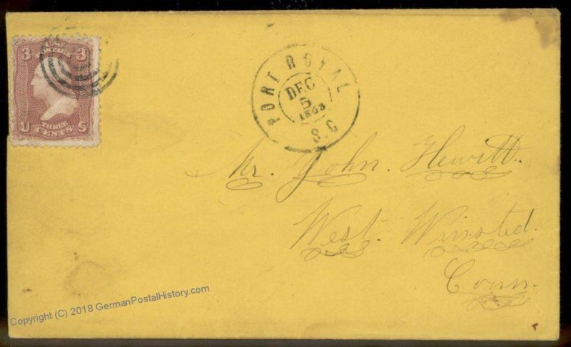 USA 1863 Sc65 Port Royal South Carolina Civil War Cover to Connecticut 90536