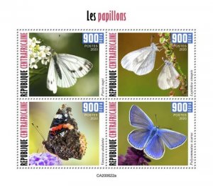 Central Africa - 2020 Butterflies, Common Blue - 4 Stamp Sheet - CA200622a