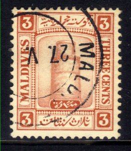 Maldives 1933 KGV 3ct Red Brown Used Sideway Wmk SG 12b ( A1203 )