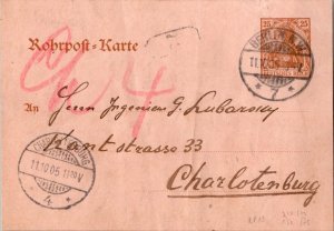 Germany 25pf Germania Pnuematic Card 1905 Berlin N.W.7 Pnuematic to Charlotte...