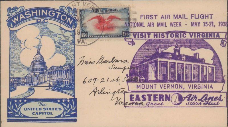 VIRGINIA MOUNT VERNON 1938 FIRST FLIGHT AIR MAIL WEEK #103