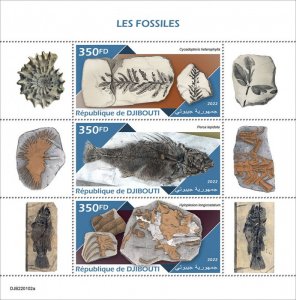 DJIBUTI - 2022 - Fossils - Perf 3v Sheet - Mint Never Hinged