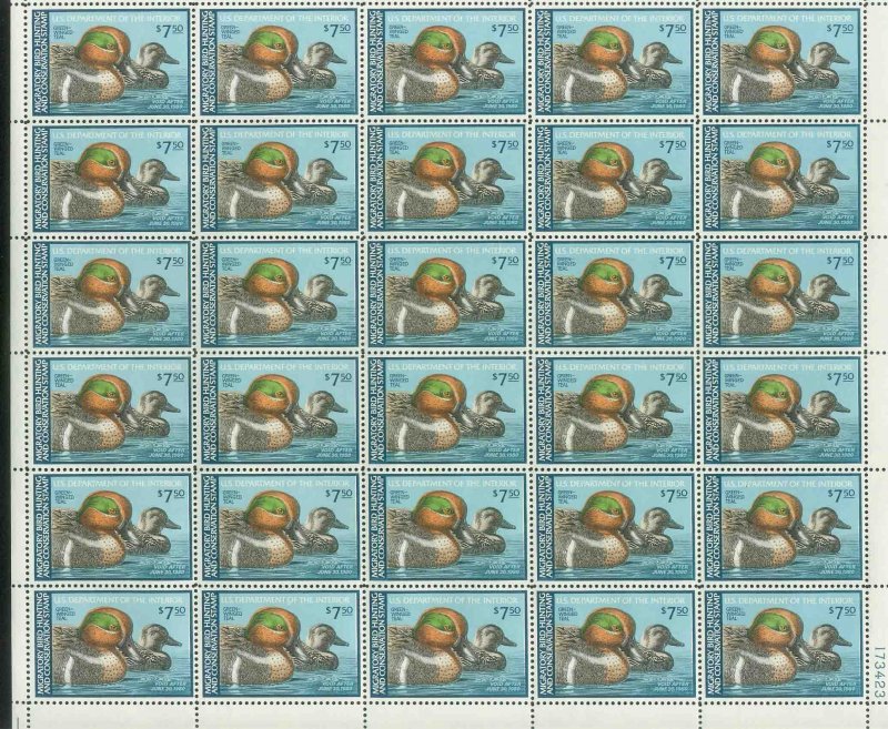 U.S. RW46, 1979 HUNTING PERMIT STAMP, FULL SHEET OF 30. MINT, NEVER HINGED. VF.