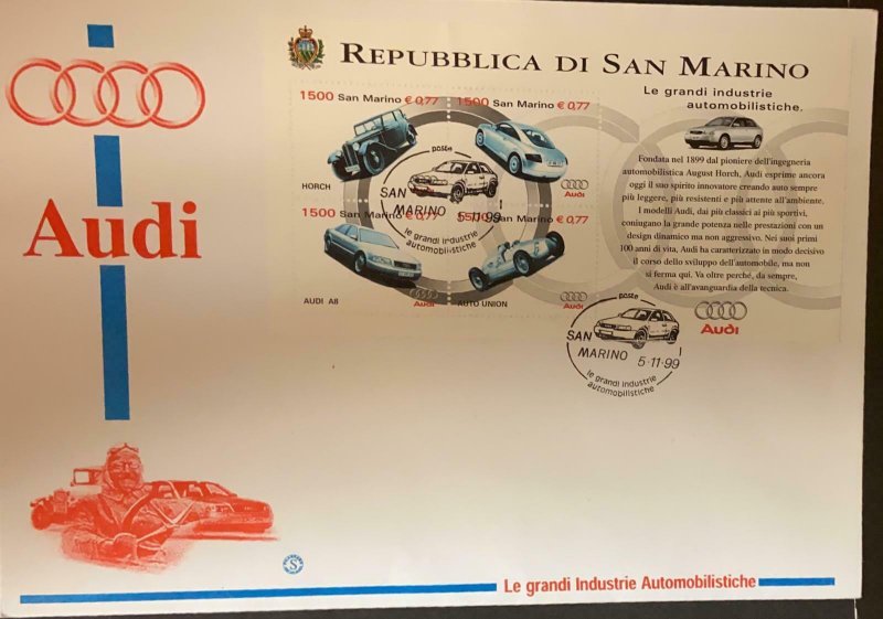 O) 1999 SAN MARINO, AUDI AUTOMOBILES, ROULETTER, ISSUE, WITH ATTACHED ENTRY FOR 