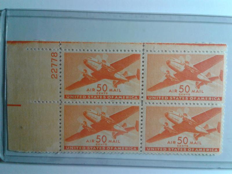 SCOTT # C 31 50 CENT DESIRABLE AIR MAIL PLATE BLOCK MINT NEVER HINGED SCV $ 50