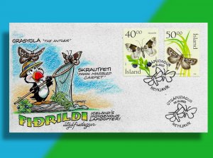 Iceland Butterfly and Moth on Handcolored FDC from 2000!  Puffin Cachets!