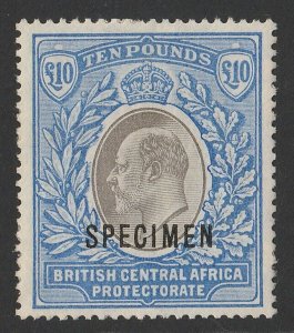 BRITISH CENTRAL AFRICA 1903 KEVII £10 SPECIMEN. SG 67s normal cat £8500.