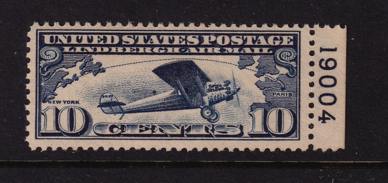 1927 Sc C10 AIRMAIL MNH 10c Lindbergh, plate number single Hebert CV $35 (W