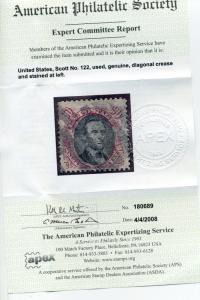 Scott 122 Abraham Lincoln Used Stamp with APS Cert (Stock 122-3)