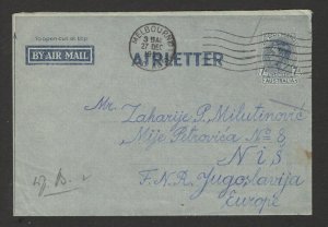 AUSTRALIA TO SERBIA -YUGOSLAVIA - AIRLETTER WIT PRE-DECIMAL INPRINTED STAMP-1950